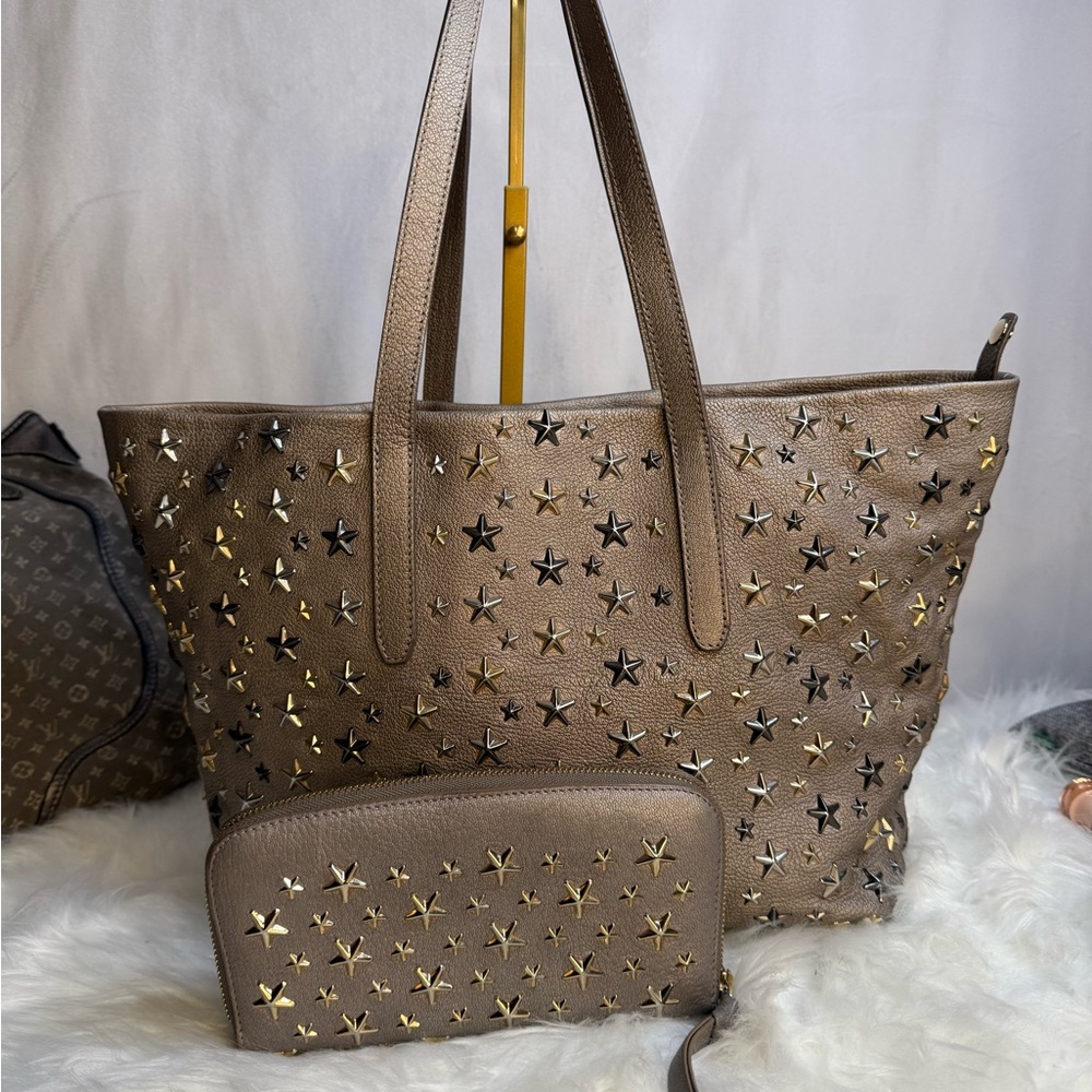 Jimmy Choo Tri color with gunmetal tote with matching wallet